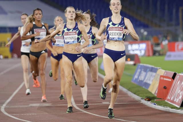 Jemma Reekie, right, wins the women's 800m. Picture: Gregorio Borgia/AP
