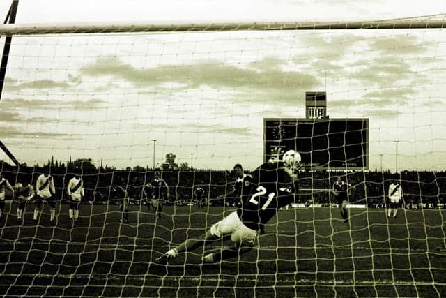 Don Masson sees his penalty saved by Peru goalkeeper Ramon Quirog. Picture: SNS