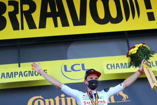 Denmark's Soren Kragh Andersen celebrates on the podium. Picture: Thibault Camus/AFP