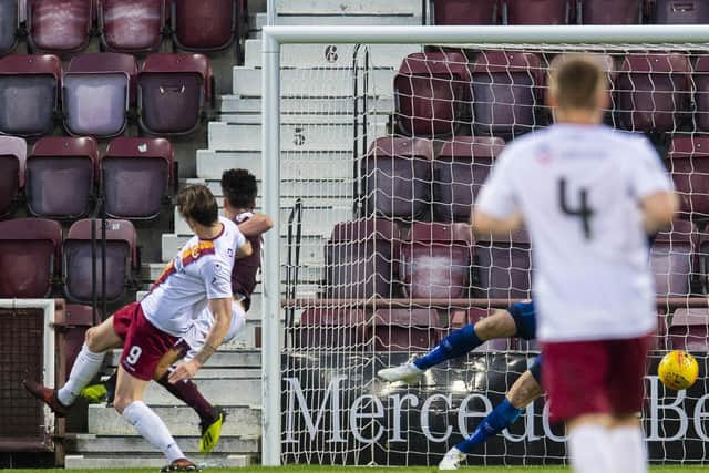 Mark McGuigan scores for Stenhousemuir when they lost 2-1 to then Premiership side Hearts in the Betfred Cup group stage last season. Picture: Craig Foy/SNS