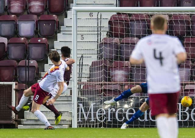 Mark McGuigan scores for Stenhousemuir when they lost 2-1 to then Premiership side Hearts in the Betfred Cup group stage last season. Picture: Craig Foy/SNS