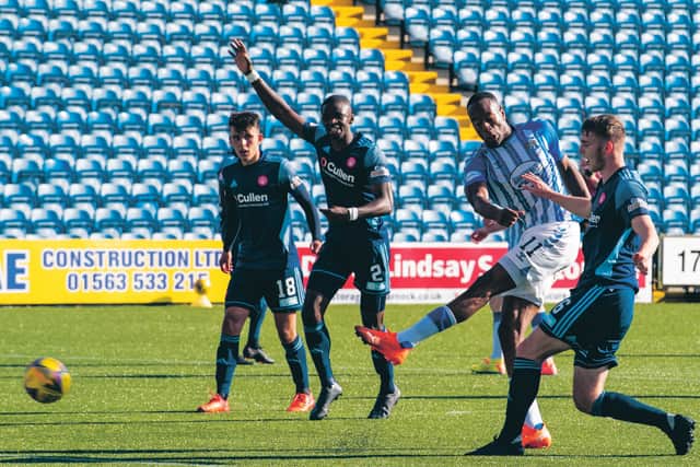Kilmarnock's Nicke Kabamba makes it 2-1 against Hamilton. Picture: Alan Harvey / SNS