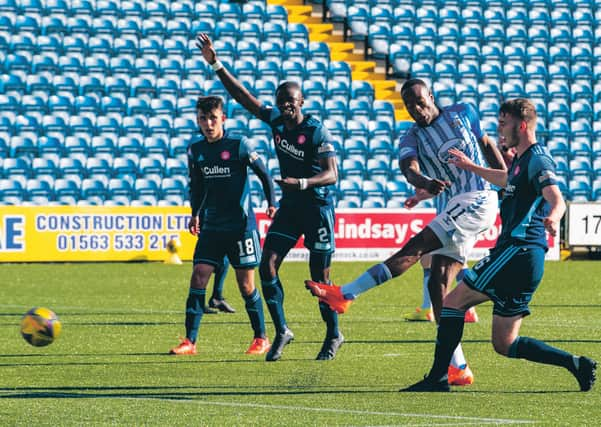 Kilmarnock's Nicke Kabamba makes it 2-1 against Hamilton. Picture: Alan Harvey / SNS