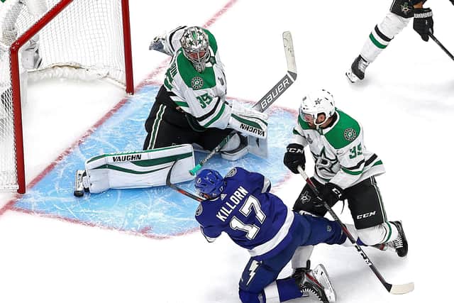 Dallas goaltender Anton Khudobin saves smartly from Alex Killorn during Game One of his team’s Stanley Cup final series against Tampa Bay Lightning.
Picture: Bruce Bennett/Getty Images