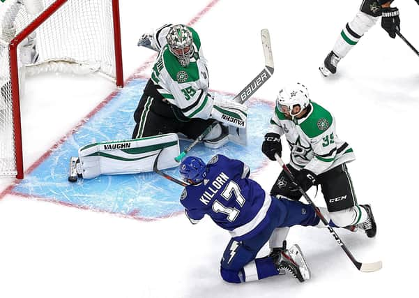 Dallas goaltender Anton Khudobin saves smartly from Alex Killorn during Game One of his team’s Stanley Cup final series against Tampa Bay Lightning.
Picture: Bruce Bennett/Getty Images