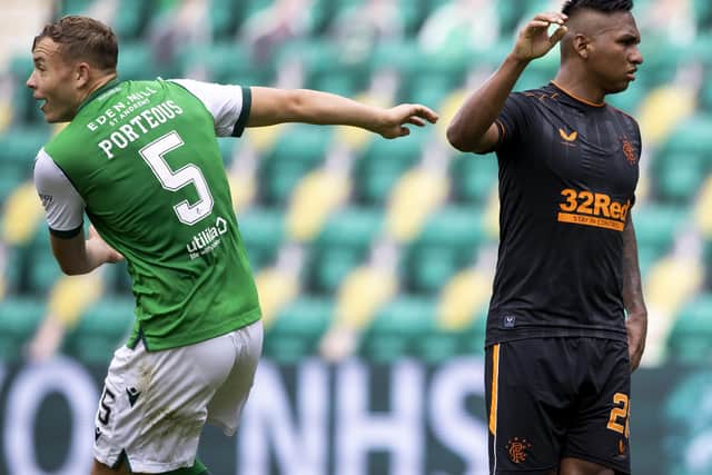 Hibs defender Ryan Porteous, left, clashes with Rangers striker Alfredo Morelos during Sunday's 2-2 draw. Picture: Craig Williamson/SNS