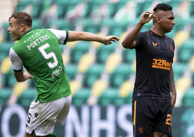 Hibs defender Ryan Porteous, left, clashes with Rangers striker Alfredo Morelos during Sunday's 2-2 draw. Picture: Craig Williamson/SNS