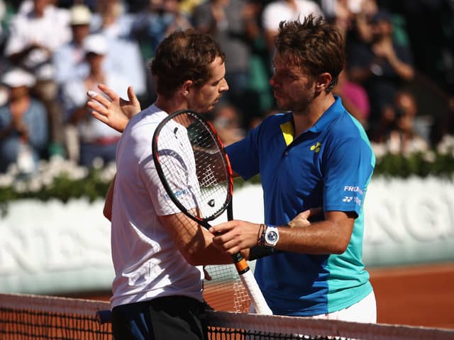 Andy Murray, left, congratulates Stan Wawrinka on his victory in the 2017 French Open semi-final. Picture: Julian Finney/Getty