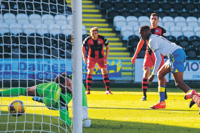 Kilmarnock’s Nicke Kabamba scores the only goal of the game in the win over St Mirren. Photograph: Alan Harvey/SNS Group