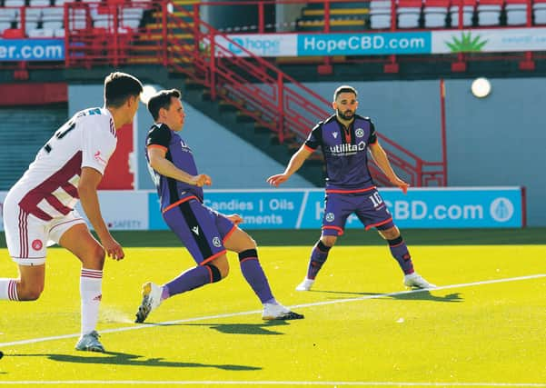 Dundee United striker Lawrence Shankland fires home from close range after only four minutes for his second goal of the season. Photograph: Bill Murray/SNS