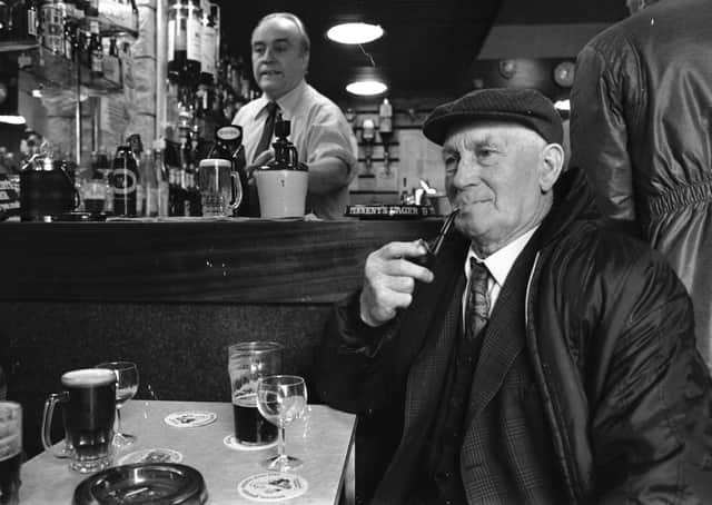 83-year-old Bob Cunningham enjoys a pint at the Royal Tavern, Thornton, Fife, on the first Sunday opening in October 1977. Picture: TSPL
