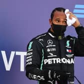 Third placed Lewis Hamilton on the podium after the Russian Grand Prix at Sochi Autodrom. Picture: Dan Mullan/Getty Images