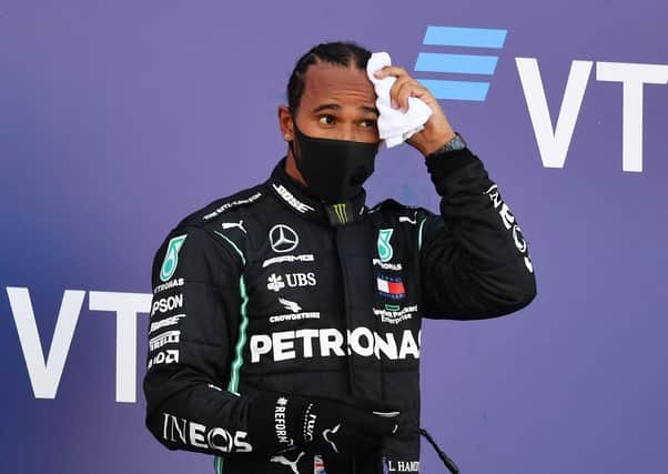 Third placed Lewis Hamilton on the podium after the Russian Grand Prix at Sochi Autodrom. Picture: Dan Mullan/Getty Images