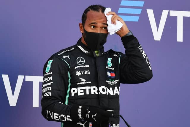 Third placed Lewis Hamilton on the podium after the Russian Grand Prix at Sochi Autodrom. Picture: Dan Mullan/Getty Images