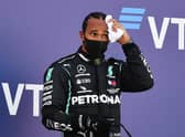 Third placed Lewis Hamilton on the podium after the Russian Grand Prix at Sochi Autodrom. Picture: Dan Mullan/Getty Images
