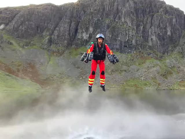 An image from the YouTube channel of Gravity Industries of a jet suit demonstration in the Lake District. Picture: @GravityIndustries/YouTube/PA Wire