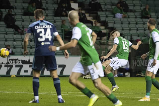 Kevin Nisbet scores to make it 1-0 to Hibernian. Picture: Craig Foy / SNS