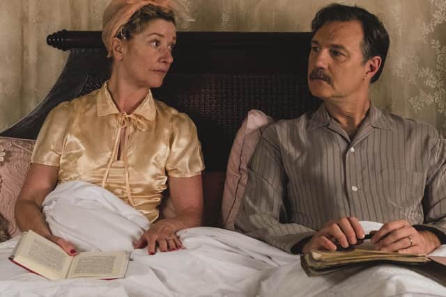 Horrocks with David Morrissey as Sylvia and Walter Blackett, wealthy rubber merchants in The Singapore Grip, which combines satire and period drama.