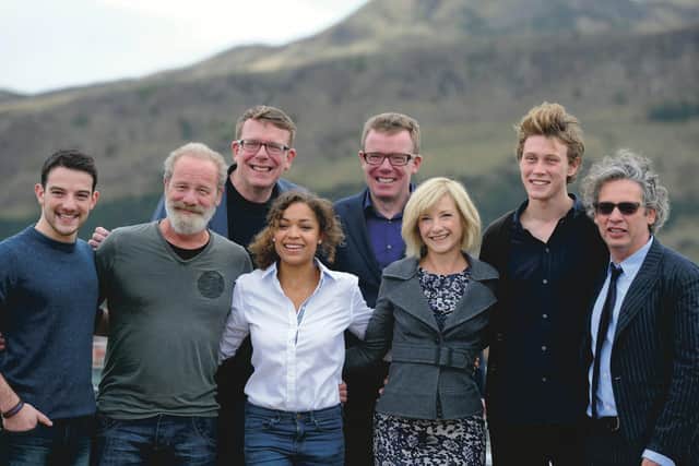 Photocall for premiere of Sunshine on Leith, 2013.
Left to right: Kevin Guthrie, Peter Mullan, Antonia Thomas Jane Horrocks, George MacKay and director Dexter Fletcher. At the back The Proclaimers, Charlie and Craig Reid.