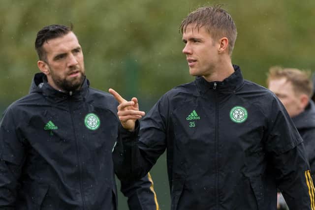 Shane Duffy, left, with Kristoffer Ajer during a Celtic training session. Picture: Bill Murray / SNS