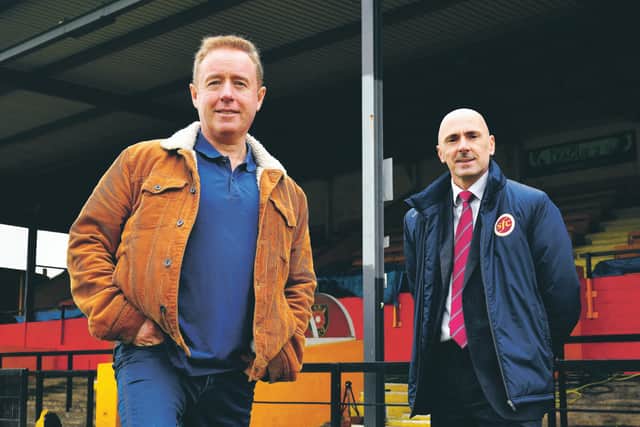 Netflix's Mark Millar with Stenhousemuir chairman Iain McMenemy at the unveiling of a new AI camera system for Scottish football. Picture: Michael Gillen