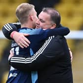 Hamilton academy graduate and matchwinner Kyle Munro celebrates with academy head coach, George Cairns after the win over Livingston. Picture: Paul Devlin / SNS