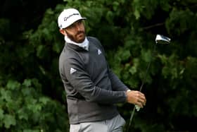 Dustin Johnson plays a tee shot during a practice round prior to the US Open at Winged Foot. Picture: Jamie Squire/Getty