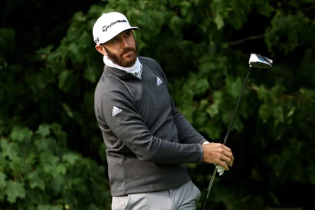 Dustin Johnson plays a tee shot during a practice round prior to the US Open at Winged Foot. Picture: Jamie Squire/Getty