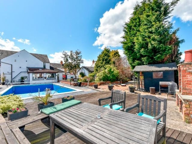 This home in Finedon Street, Burton Latimer is on the market for £550,000 with Simpson & Partners. It includes five bedrooms and a bathroom. The 38ft swimming pool is in the landscaped back garden.