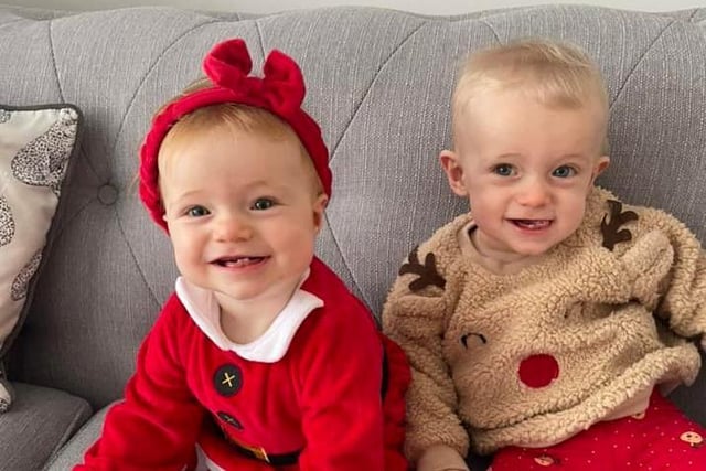 "Merry Christmas from our little miracles Fia and Coen Banner born March 9 2021 weighing 3lb 9oz and 5lb 2oz respectively."