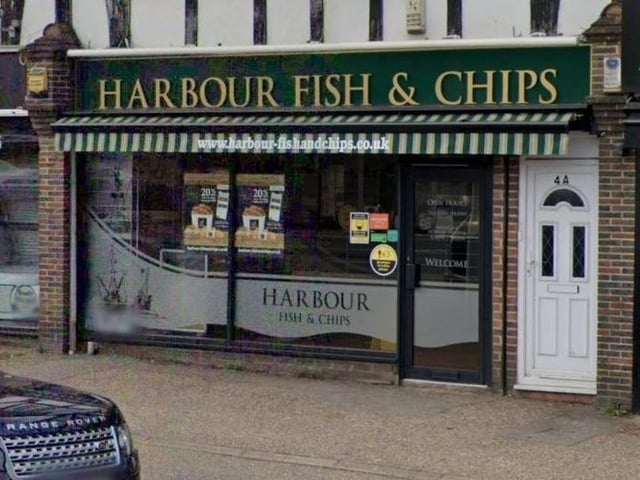 Harbour Fish Bar is based in West Street, East Grinstead, and serves 'beautifully battered' fish and 'generous chips'. It has an average rating of 4.2 from 227 Google reviews. Picture: Google Street View. SUS-220113-163348001