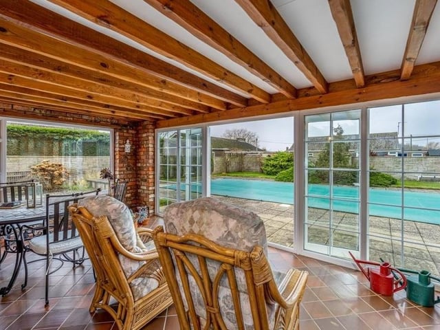 Inside the pool house.
