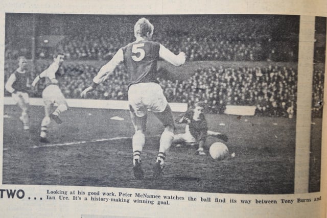 The fourth round saw the most famous win in Posh FA Cup history, a come-from behind 2-1 win over Arsenal in front of a club record crowd. Derek Dougan and Peter McNamee (pictured) scored the goals. It remains the only time Posh have beaten a top-flight team in the competition. January, 30, 1965
Posh 2, Arsenal 1. (Dougan, McNamee). Att: 30,056.