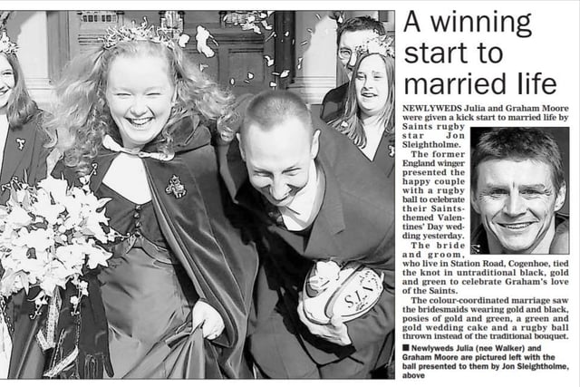Julia and Graham, from Cogenhoe, featured in the Chronicle & Echo 19 years ago when former Saints rugby star, Jon Sleightholme, presented the couple with a rugby ball to celebrate their Saints themed Valentines’ Day wedding in 2003. The bride and groom had untraditional black, gold and green colours and a rugby ball was thrown instead of a bouquet.