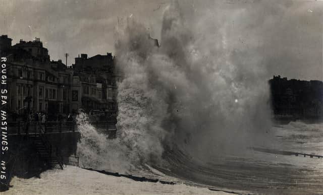 Old photograph showing a very rough sea in the Hastings. SUS-220217-161545001