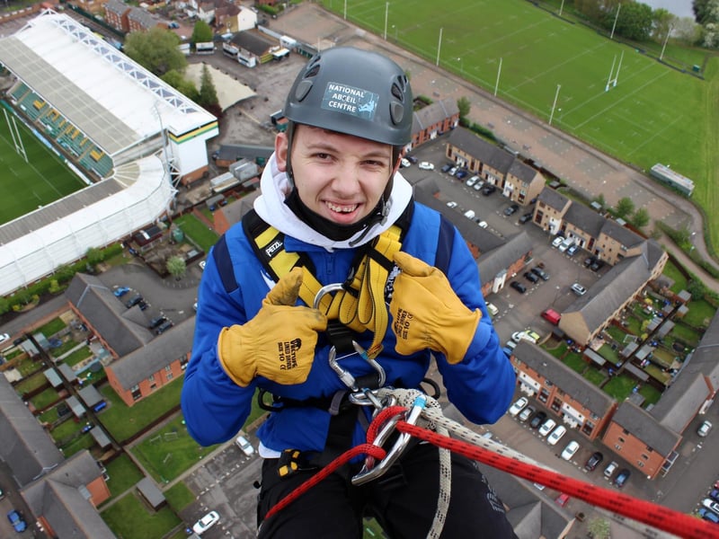 Northampton Saints' mascot, Bernie, abseils down the National Lift Tower to raise money for the NSF (Saturday, May 22).