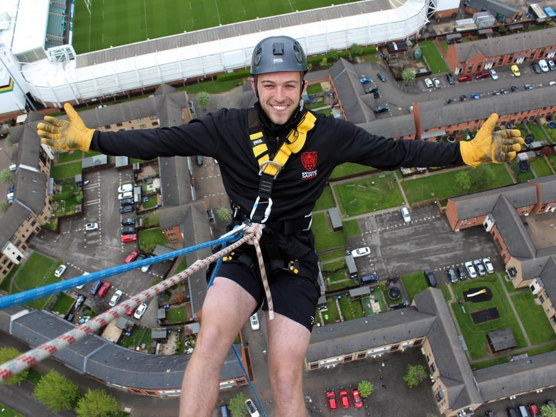 Northampton Saints' mascot, Bernie, abseils down the National Lift Tower to raise money for the NSF (Saturday, May 22).