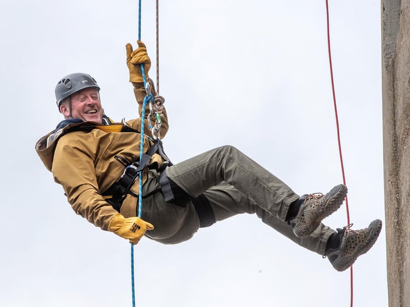 Northampton Saints' mascot, Bernie, abseils down the National Lift Tower to raise money for the NSF (Saturday, May 22).