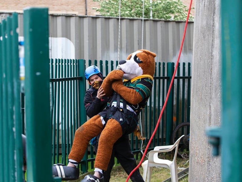 Northampton Saints' mascot, Bernie, abseils down the National Lift Tower to raise money for the NSF (Saturday, May 22).