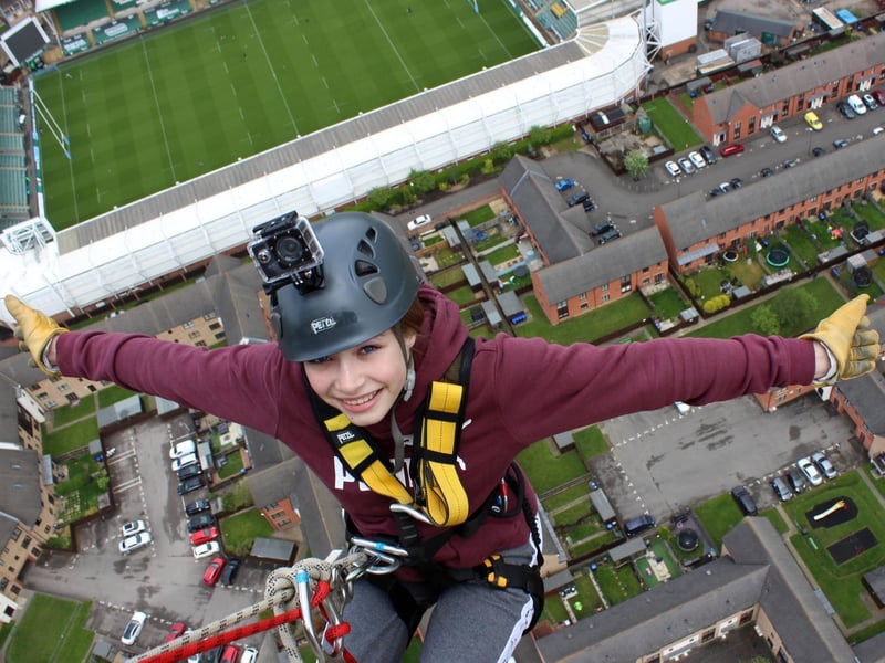 Northampton Saints' mascot, Bernie, abseils down the National Lift Tower to raise money for the NSF (Saturday, May 22).
