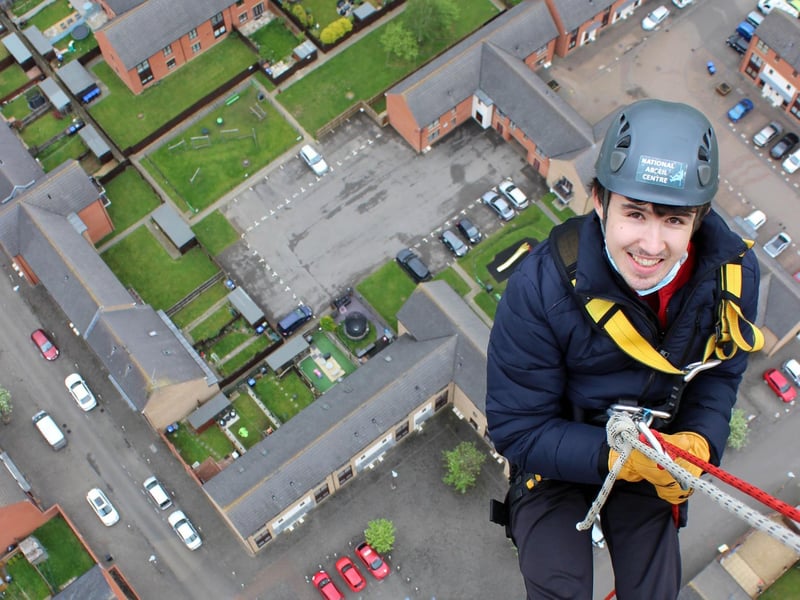 Northampton Saints' mascot, Bernie, abseils down the National Lift Tower to raise money for the NSF (Saturday, May 22).