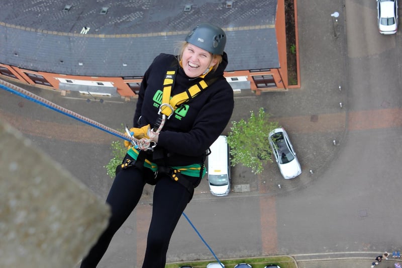 Northampton Saints' mascot, Bernie, abseils down the National Lift Tower to raise money for the NSF (Saturday, May 22).