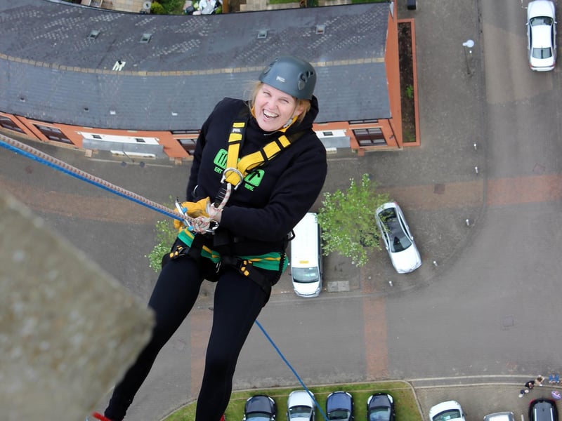 Northampton Saints' mascot, Bernie, abseils down the National Lift Tower to raise money for the NSF (Saturday, May 22).