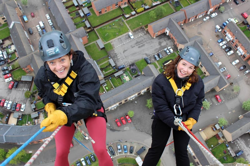 Northampton Saints' mascot, Bernie, abseils down the National Lift Tower to raise money for the NSF (Saturday, May 22).