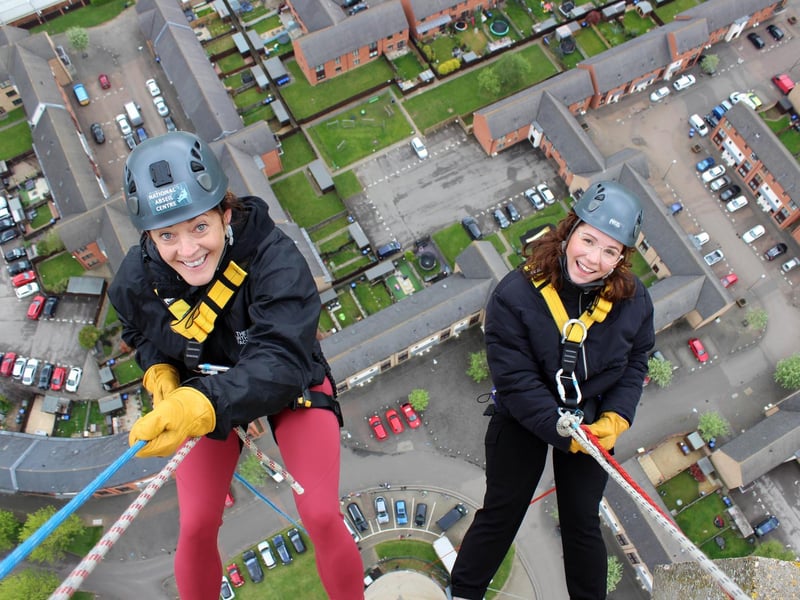 Northampton Saints' mascot, Bernie, abseils down the National Lift Tower to raise money for the NSF (Saturday, May 22).