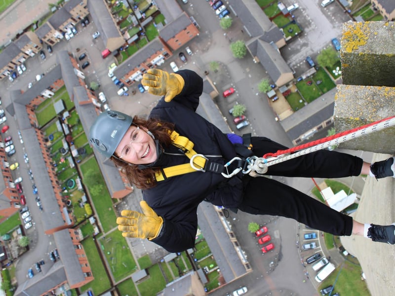 Northampton Saints' mascot, Bernie, abseils down the National Lift Tower to raise money for the NSF (Saturday, May 22).