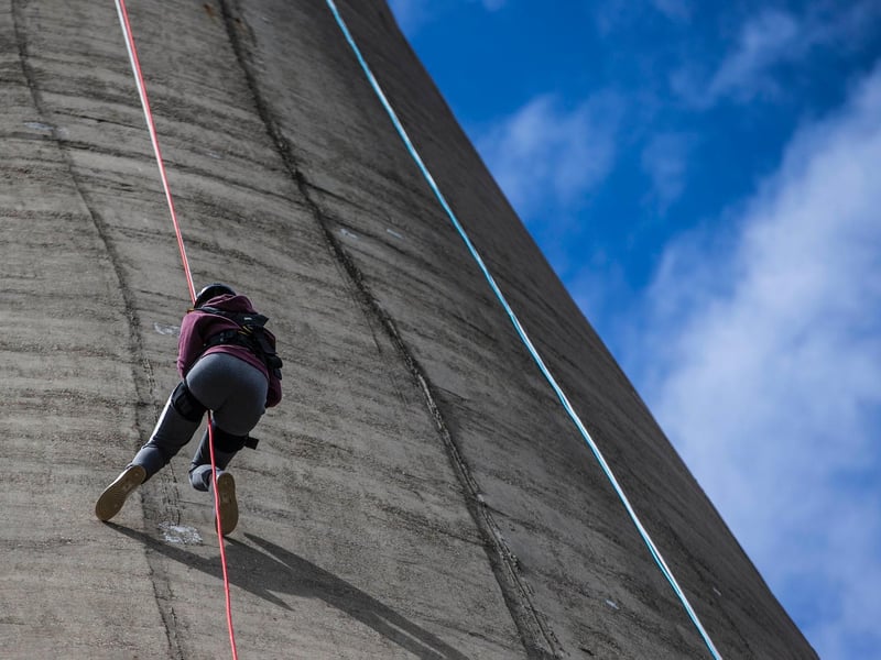 Northampton Saints' mascot, Bernie, abseils down the National Lift Tower to raise money for the NSF (Saturday, May 22).