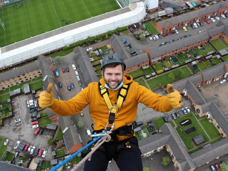 Northampton Saints' mascot, Bernie, abseils down the National Lift Tower to raise money for the NSF (Saturday, May 22).