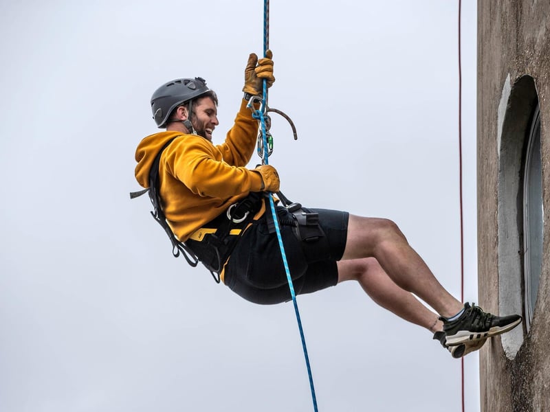 Northampton Saints' mascot, Bernie, abseils down the National Lift Tower to raise money for the NSF (Saturday, May 22).