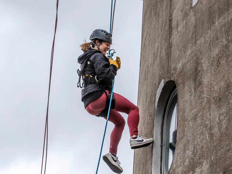 Northampton Saints' mascot, Bernie, abseils down the National Lift Tower to raise money for the NSF (Saturday, May 22).